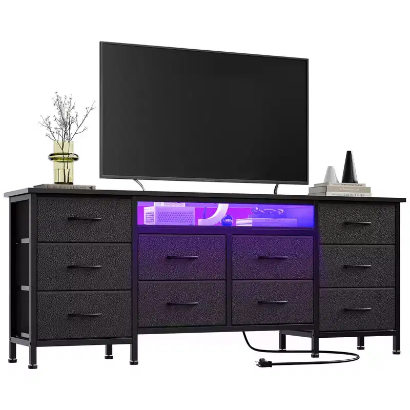 Long Dresser for Bedroom with 10 Fabric Drawers & Power Outlet & LED Light, Entertainment Center TV Stand Dresser for 65-75 TV