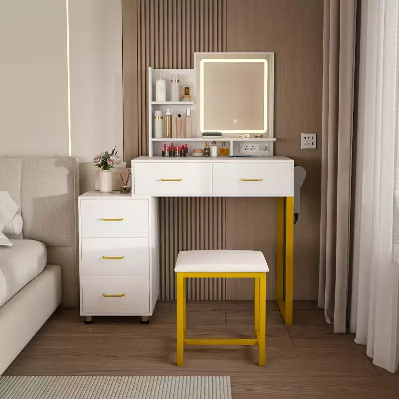Makeup Vanity with LED Lights 3 Color Modes, Dressing Table with Power Outlet, 5 Drawers & Metal Chair for Bedroom