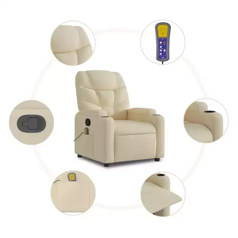 vidaXL Cream Fabric Recliner Chair - 6-Point Vibration Massage, Adjustable Back & Footrest