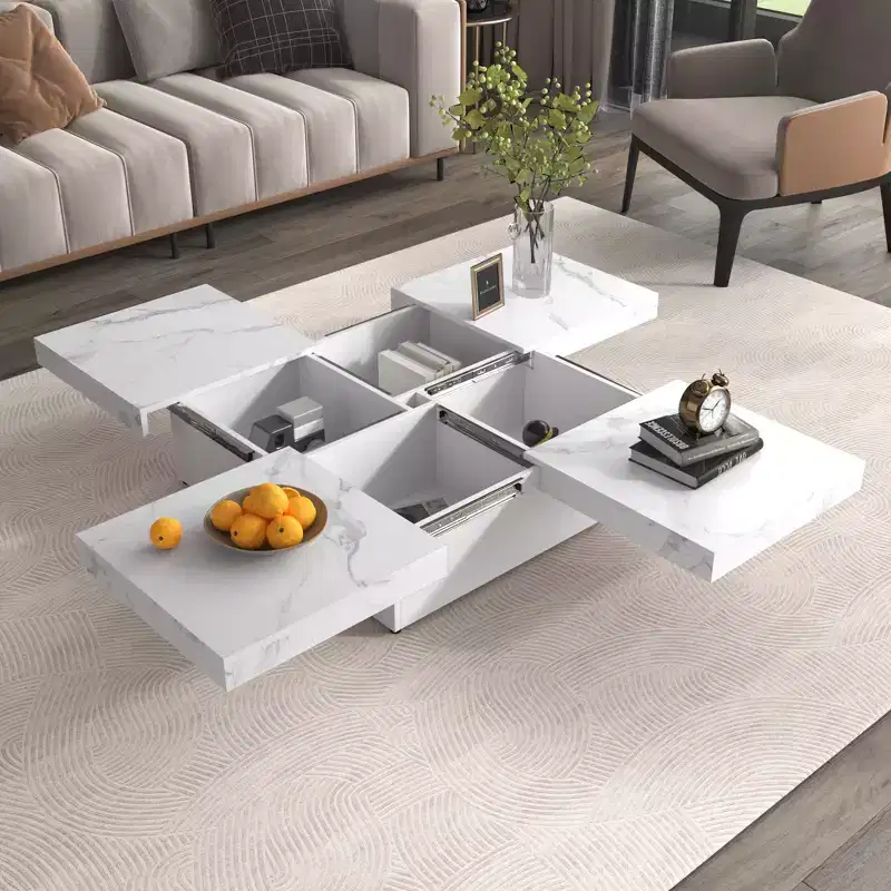 Modern 2-Layer Coffee Table with Casters, Square Cocktail Table with Removable TrayUV High-Gloss Marble Design Center Table for Living Room