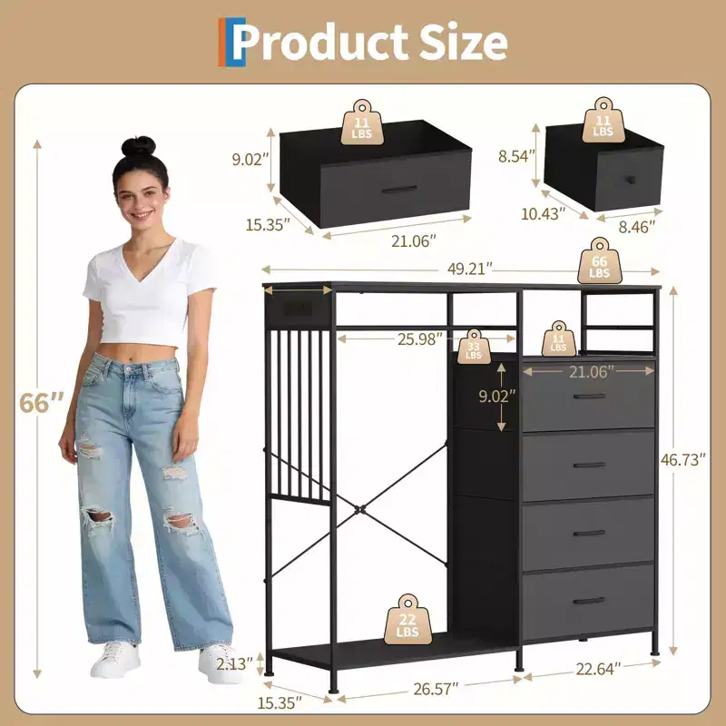 49.2 w Dresser with Hanging Rack & Lights, 6-Drawer Closet Organizer with Charging Station