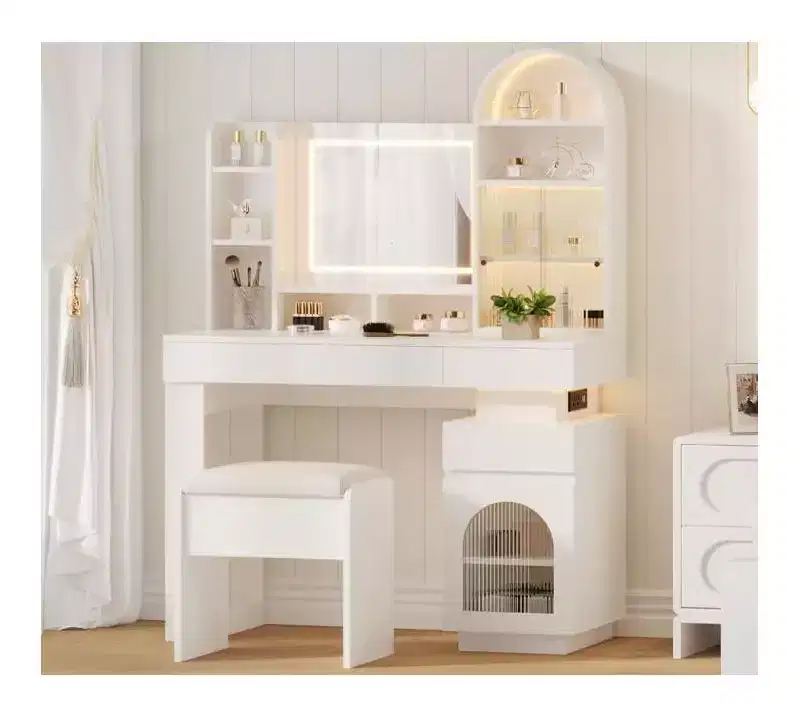 GustoWave Makeup Vanity Desk with Mirror, Dressing Table with 3 Drawers and 11 Storage Shelves, Large Makeup Vanity Set, Vanity Dresser