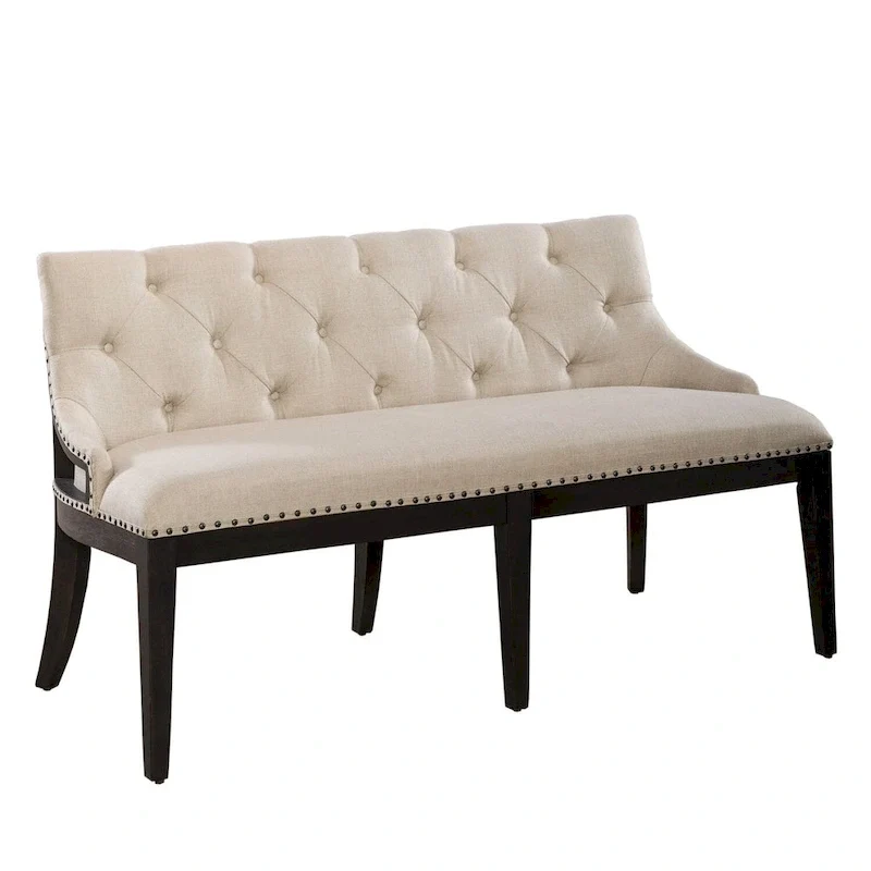 Black Upholstered Shelter Dining Bench with Tufted Back and Nail Head Trim