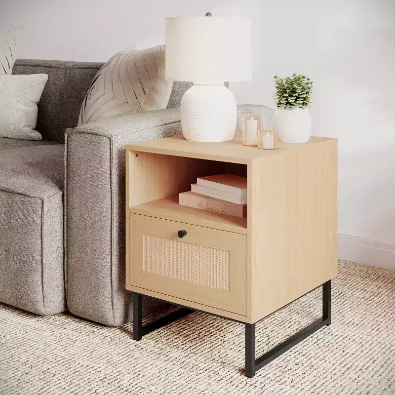 Mid-Century Modern Nightstand with Rattan Accented Drawer, Open Upper Shelf, and Metal Legs