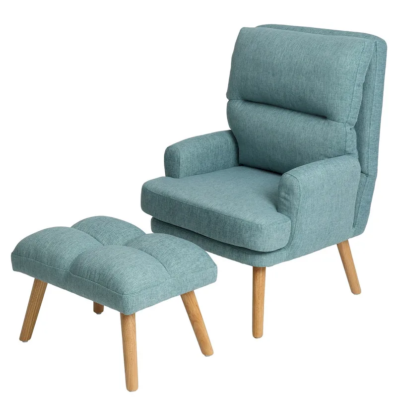 Accent Chair with Ottoman Set, Fabric Armchair with Wood Legs and Adjustable Backrest , Mid Century Modern Comfy Lounge Chair