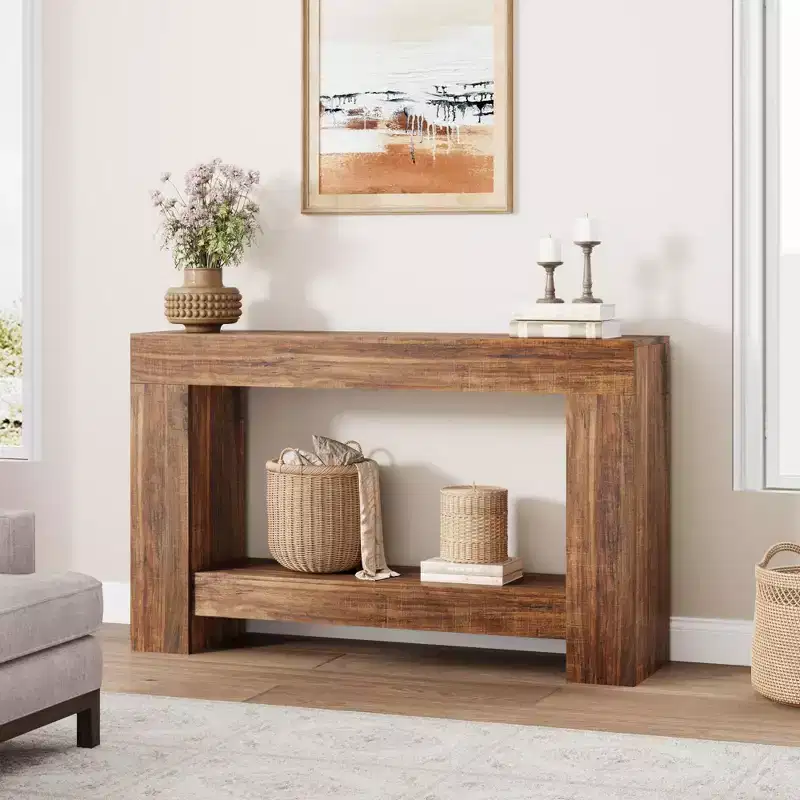 Natural Brown 2-Tier Console Table – Farmhouse Style, 1-Person Assembly, 47