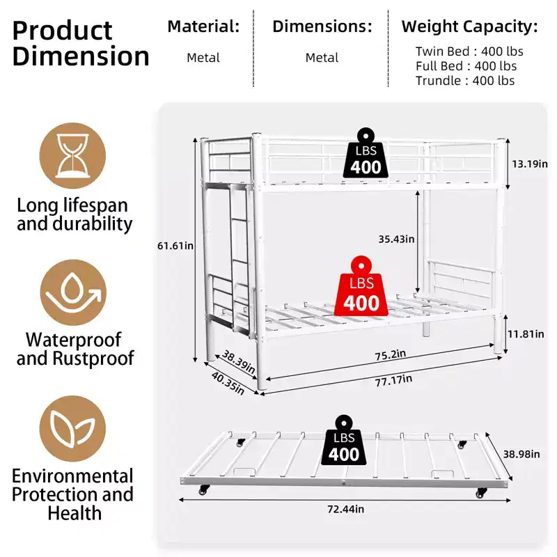 Modern Metal Bunk Bed with Safety Guardrail & Convertible Design