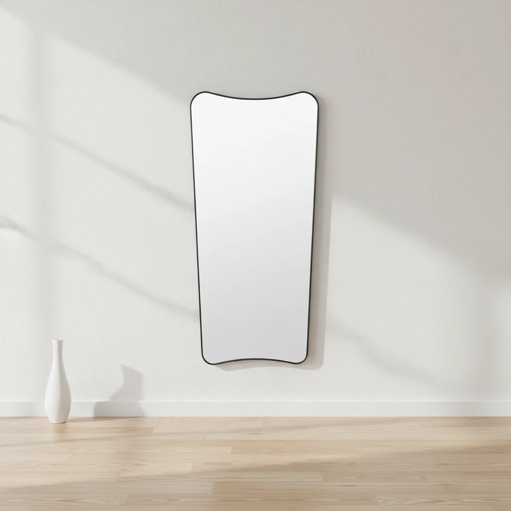 Sculptural Black Metal Frame Asymmetric Wall Mirror for Living Room or Entryway