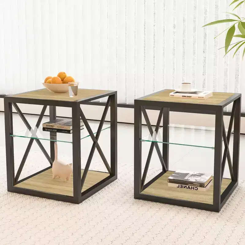 Set of 2 Modern End Tables with Drawer - Rustic Wood-Grain MDF and Tempered Glass Top Nightstands for Bedroom and Living Room