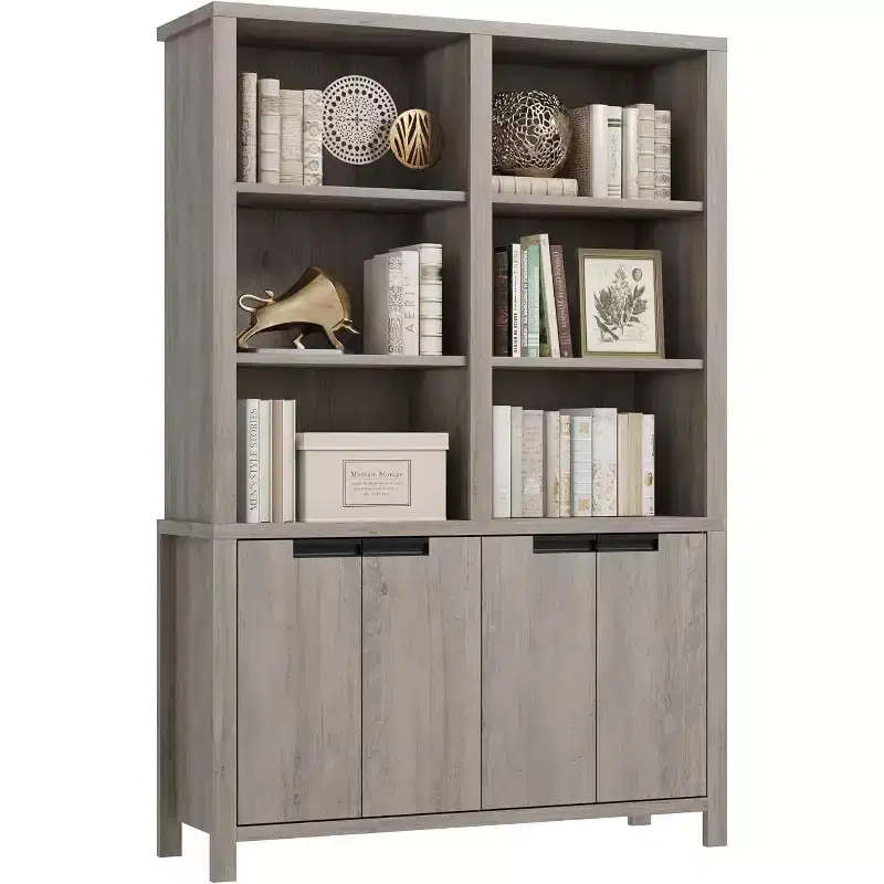 70.7 Farmhouse Bookshelf with Doors, Adjustable Shelf, 5-Tier Double Wide Wooden Bookcase and Cabinet for living Room, Office, or Library