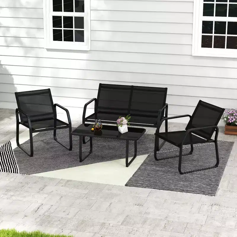 Costway 4 PCS Patio Conversation Set w/ Breathable Fabric Seat Tempered Glass Tabletop
