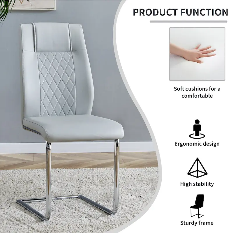 Modern Tempered Glass Dining Table Set with U-shaped Marble Pattern Base and PU Upholstered Chairs