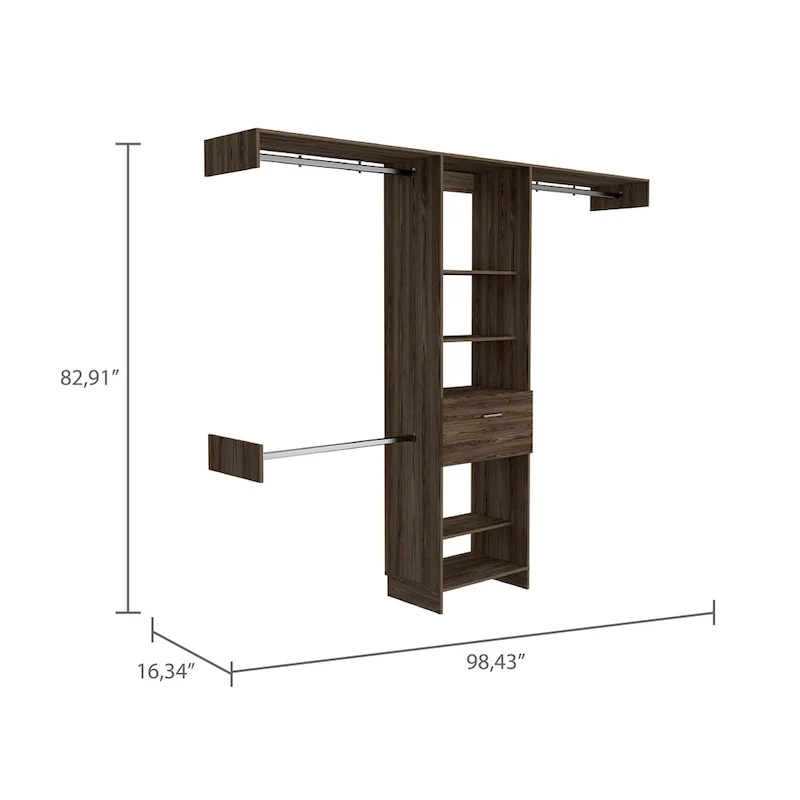 FM Furniture Cross Closet System with Drawer, 3 Metal Rods, and 5 Open Shelves