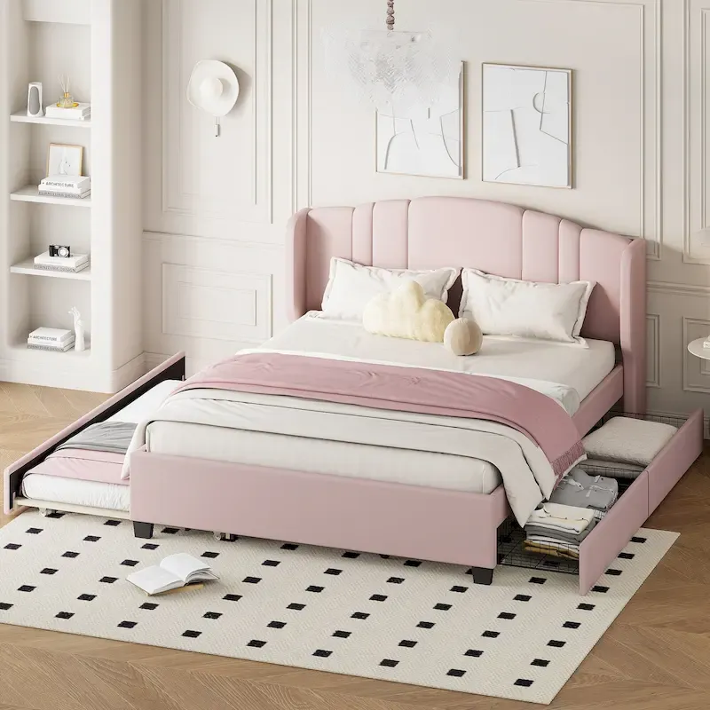 Queen Linen Platform Bed with Trundle & 2 Drawers, No Box Spring Needed