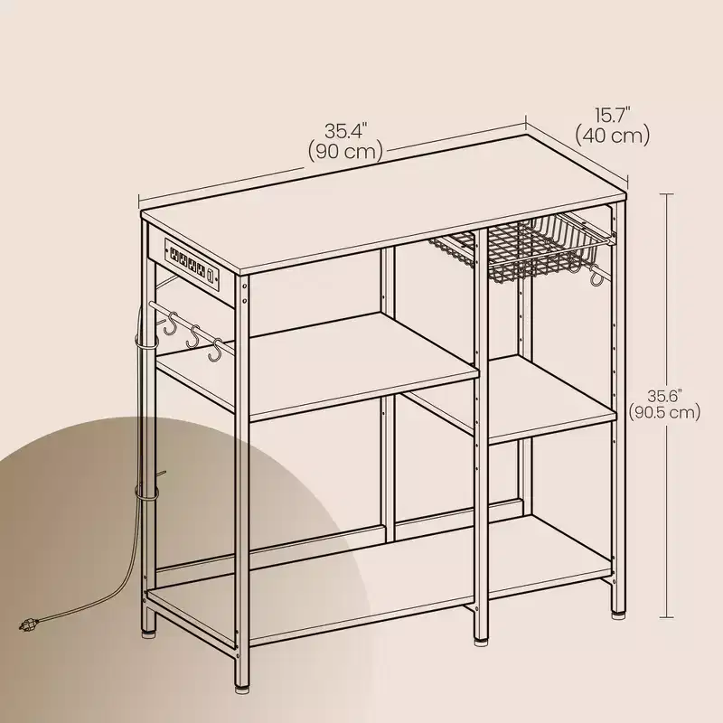 Baker's Rack Coffee Bar Stand with Charging Station, Pull-Out Wire Basket & Adjustable Shelves, 400 lbs