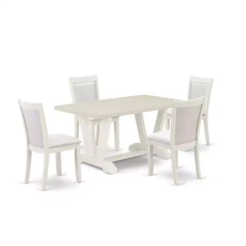 HomeStock 5-Piece Rectangle Wire Brushed Linen White Finish Solid Wood Top Dining Table with 4 Parson Chair