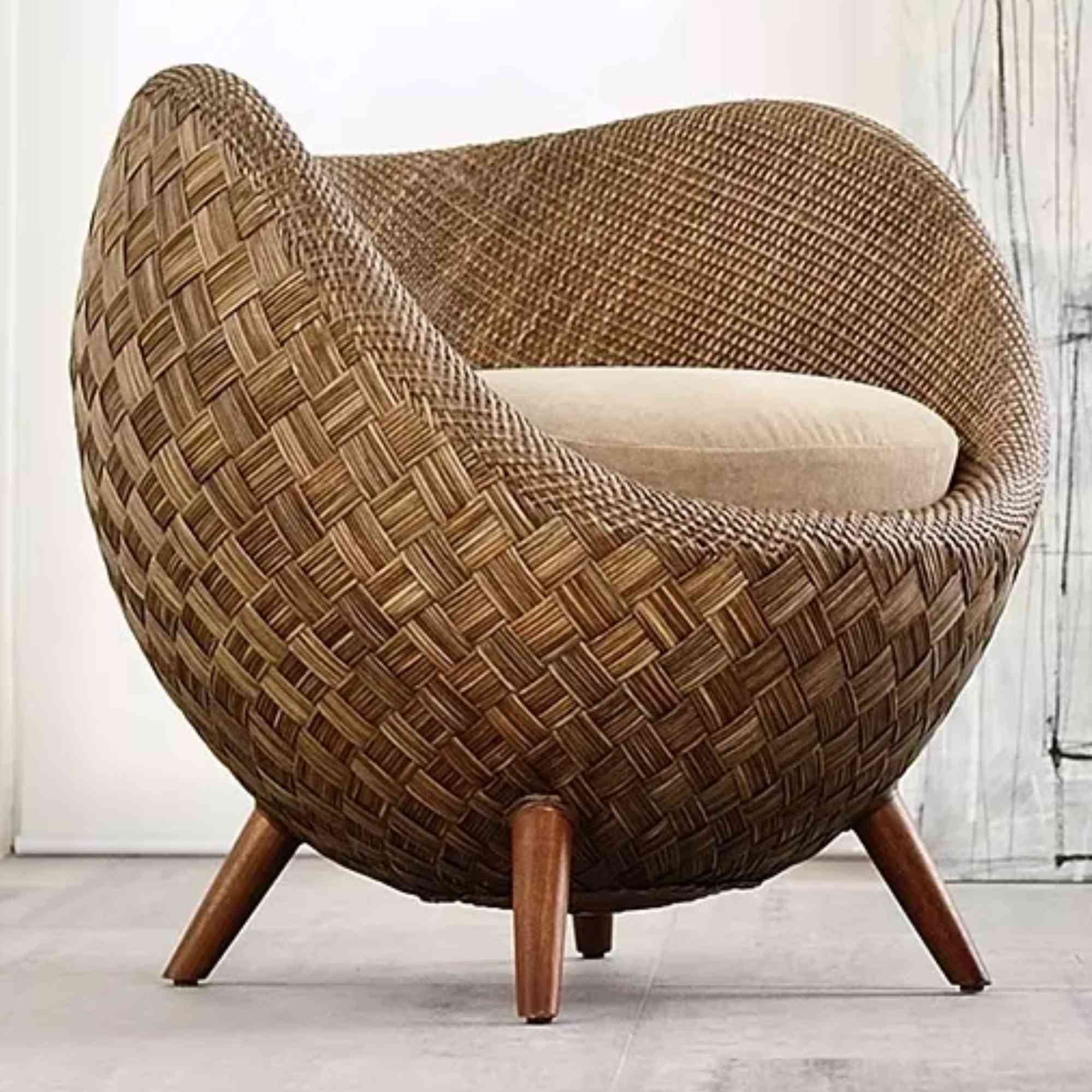 Woven Rattan Occasional Lounge Chair Natural Brown with Cushion