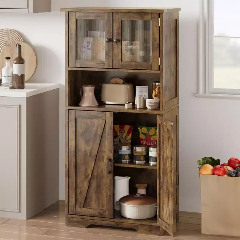 54in Tall Bathroom Cabinet, Farmhouse Storage Cabinet with Glass Doors and Adjustable Shelves, Freestanding Kitchen Pantry Cabinets, Cupboard for Room