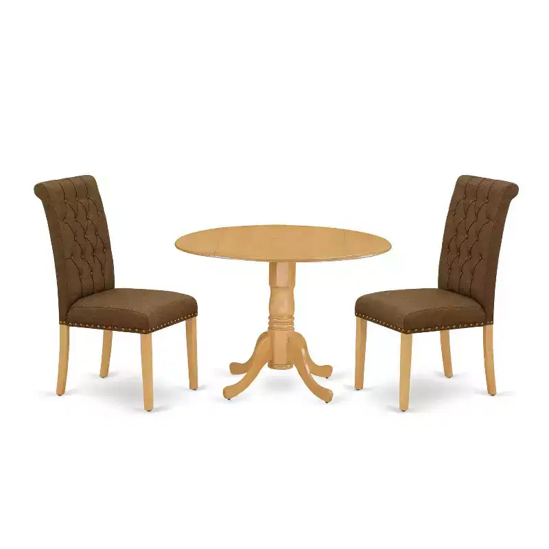 HomeStock 3-Piece Round Natural Oak Finish Solid Wood Top Dining Table with 2-Parson Chairs with Drop Leaf