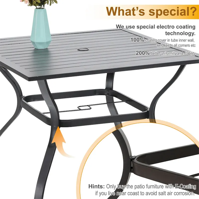 MAISON ARTS 6-Piece Metal Patio Dining Set: 4 Swivel Chairs, 1 Steel Frame Square 37 Table and 1x10ft 3-Tier Red Umbrella