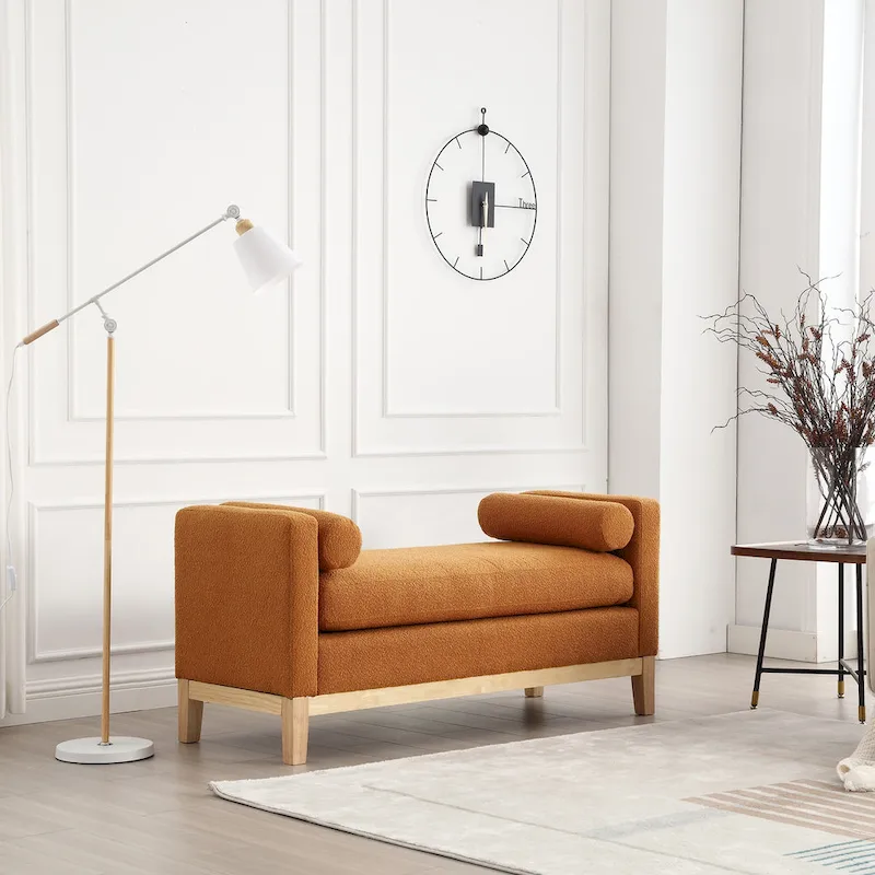 Upholstered Bench Wood Legs and Bolster Pillows