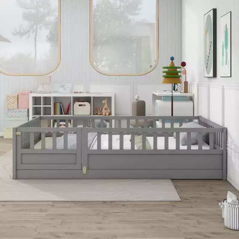 Full Floor Bed Frame with Extra-Tall Safety Rails and Entry Door, Gray