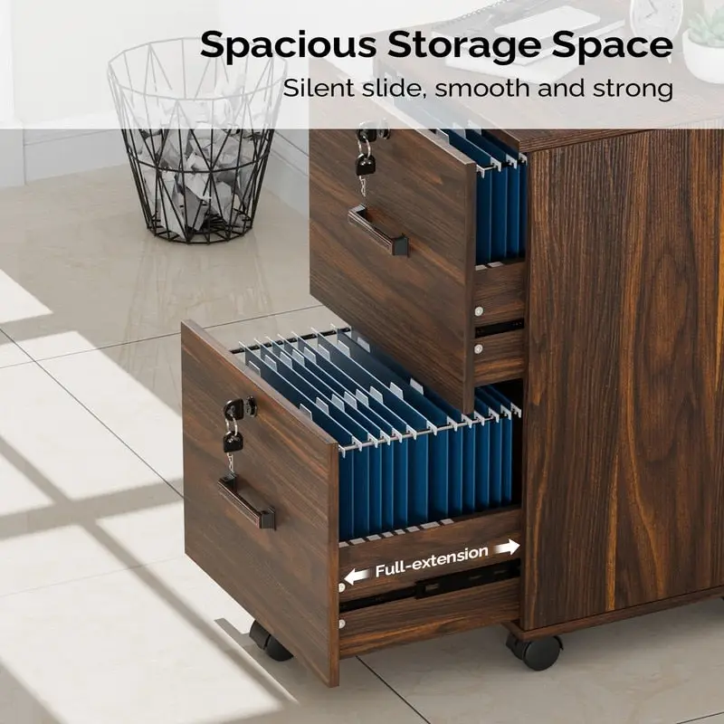 2-Drawer Rolling Wood File Cabinet with Lock