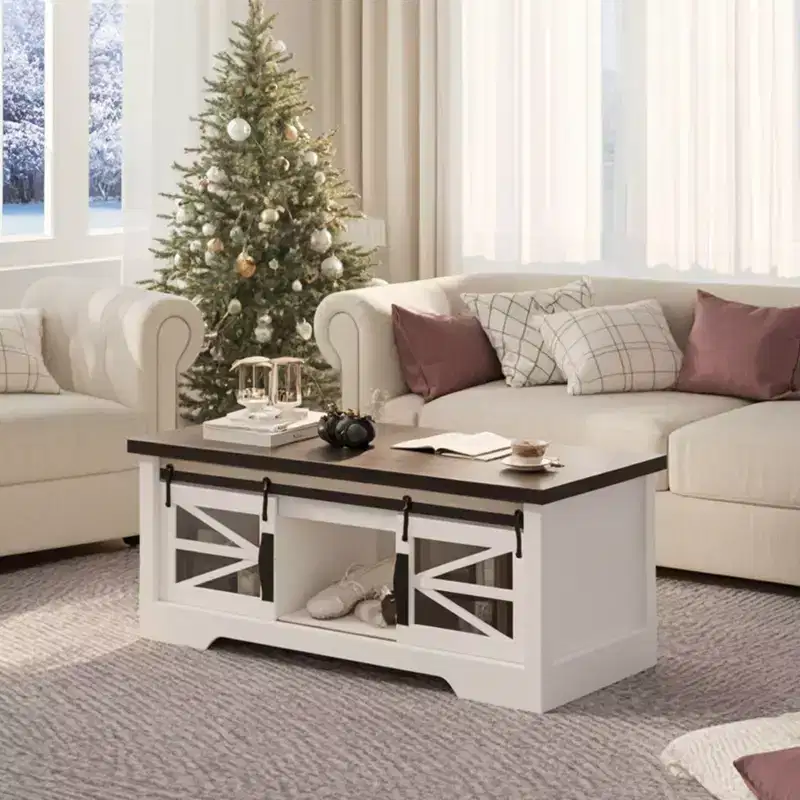 47 Inch Lift Top Coffee Tables with Storage & Sliding Barn Doors, Farmhouse Wood Cocktail Table, Living Room Furniture for Apartments