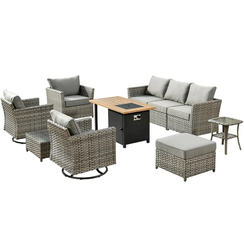 OVIOS 10-Piece Patio Wicker Conversation Rocking Chair Set With Fire Table