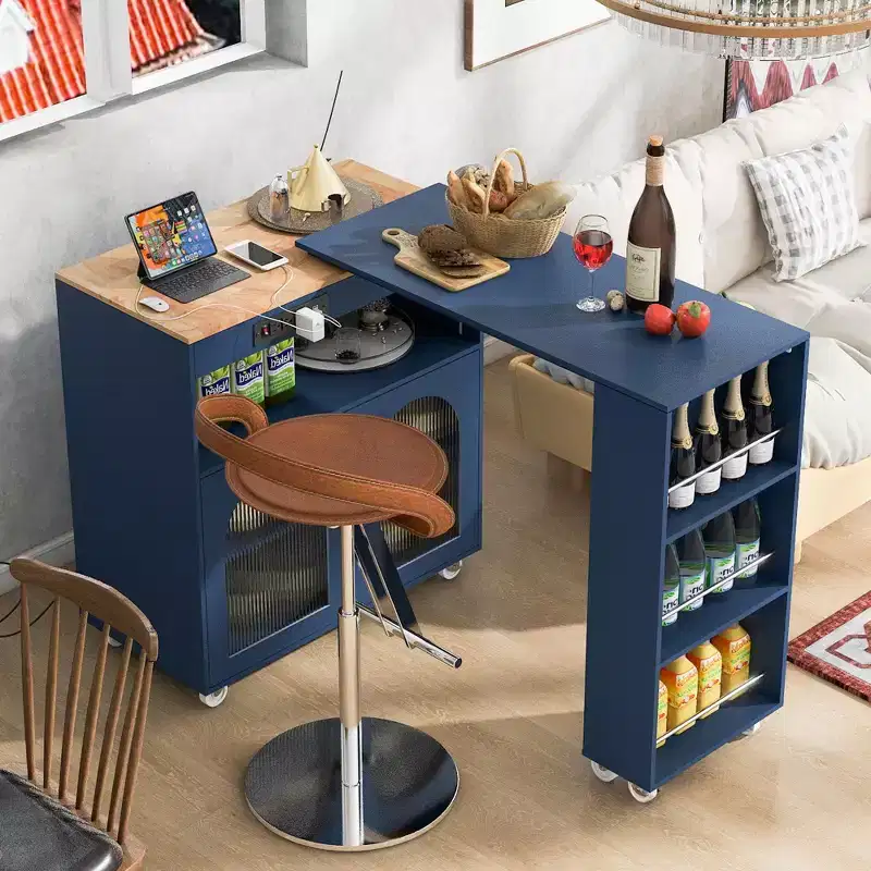 Rolling Kitchen Island with Extended Table, LED Lights, Power Outlets, Glass Doors, Storage, and Open Shelves
