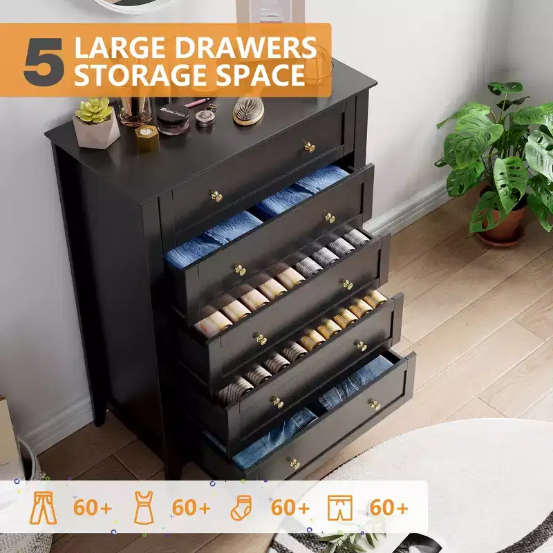 Drawer Tall Nightstand, Farmhouse Style Wooden Storage Cabinet with Deep Drawers & Metal Knobs,for Bedroom, Living Room, and HallwayBLACK