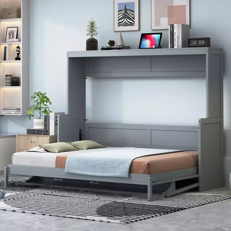Full/Queen Murphy Bed Wall Bed with Hydraulic Lift, Wood Cabinet Bed Folding Wall Bed with Desk for Guest Room Office