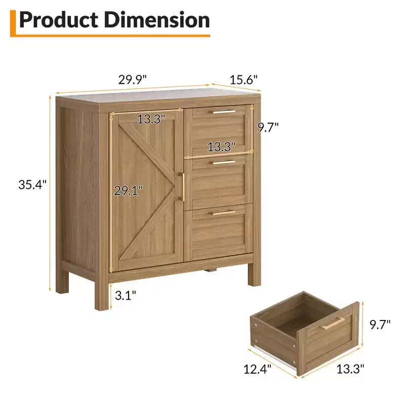 A sideboard with storage, made of wood, featuring 3 drawers and 1 cabinet, adjustable shelves, and wooden legs. Suitable for living rooms.