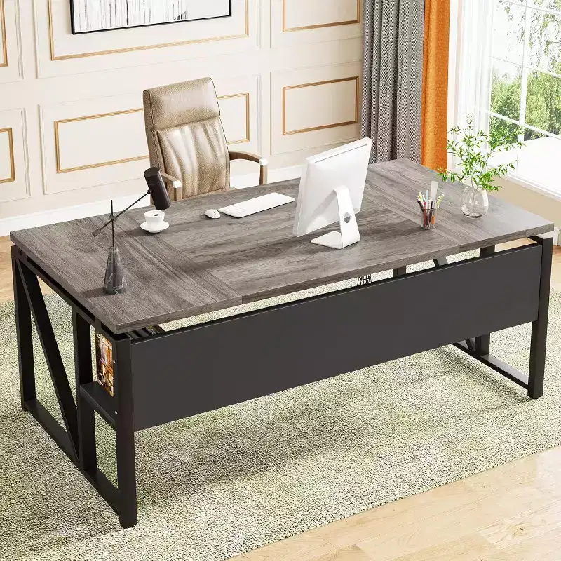 63-Inch Computer Desk with Bottom Storage Shelf & Metal Panel – Grey, Dark Walnut & Steel Legs