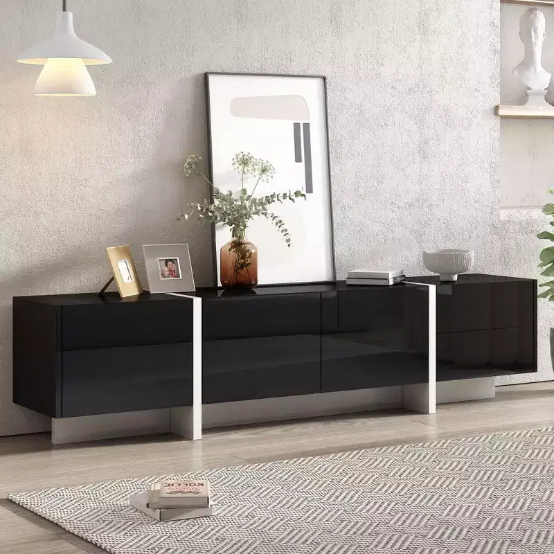 Modern TV Stand with High Gloss UV Surface for TVs up to 80 Inches, Entertainment Center with 3 Cabinets and 2 Drawers, Black