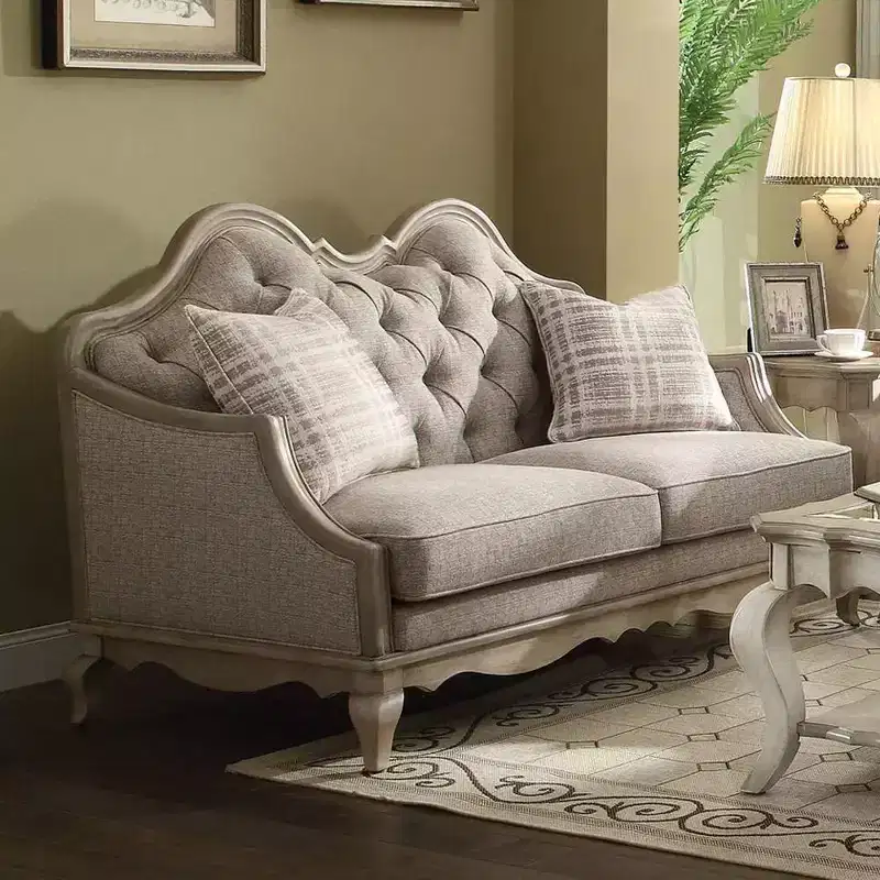 Tufted Loveseat Beige Fabric Upholstered Camelback Sofa Antique Taupe Wood Legs