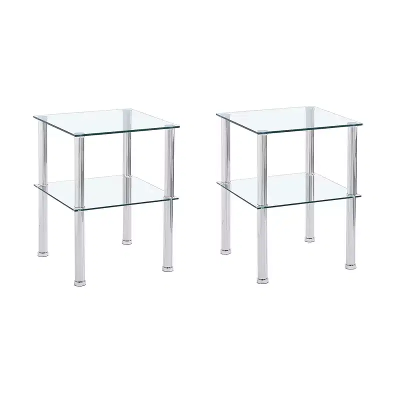 Set of 2 Clear Glass End Tables, 2-Tier Modern Nightstands with Storage Shelf for Living Room and Bedroom