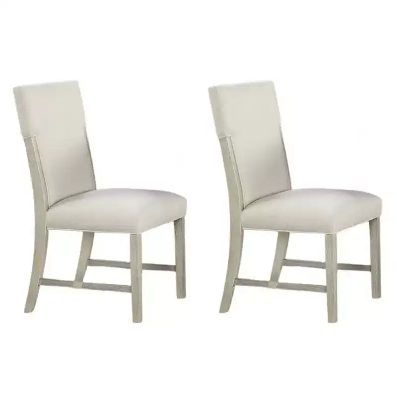 Royal Hampton Side Dining Chair Set of 2, Natural Brown Solid Wood, Soft White Fabric