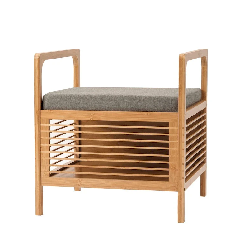 Bamboo Square Storage Bench with Foam Padded Cushion, Natural, 19.5