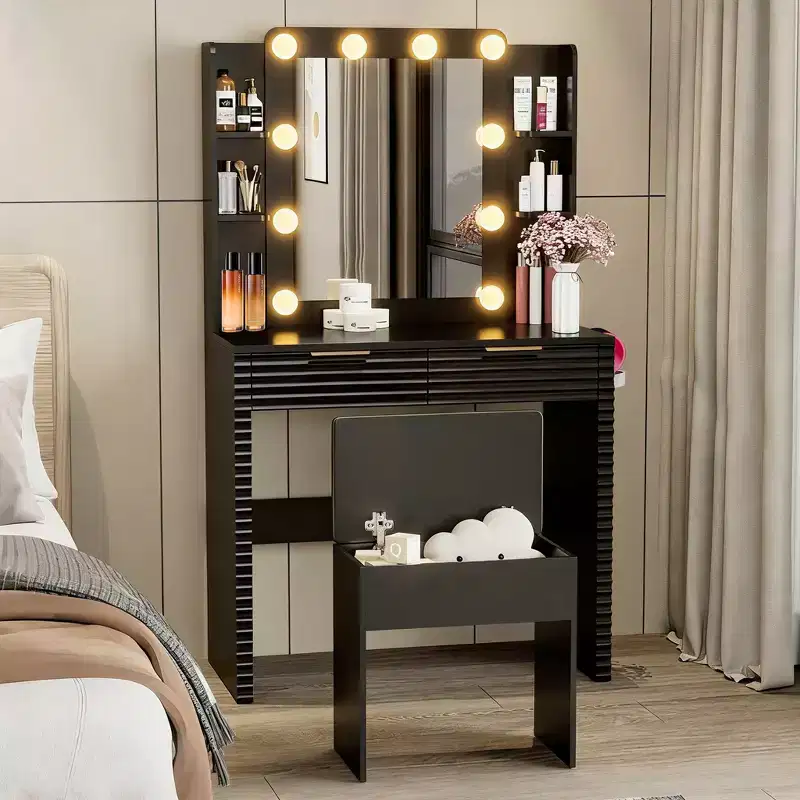 Makeup Vanity Desk Set Dressing Table with Storage Padded Stool, Mirror, 3 Color Lighted Bulb, Charging Station, Hair Dryer Holder, Black - ModernLuxe