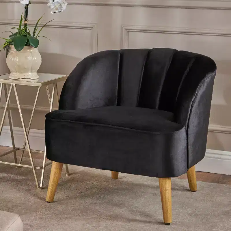 Velvet Upholstered Club Chair,Armchair with Curved Backrest,Channel Stitching,Splayed Rubberwood Legs,Accent Chair for Living Room,Bedroom