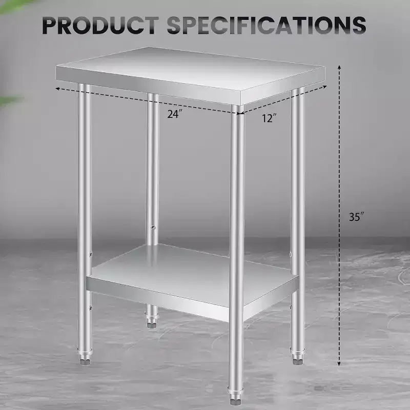 Stainless Steel Work Table (with Lockable Wheels), 2-Tier Metal Utility Prep Table with Adjustable Undershelf for Restaurant Kitchen