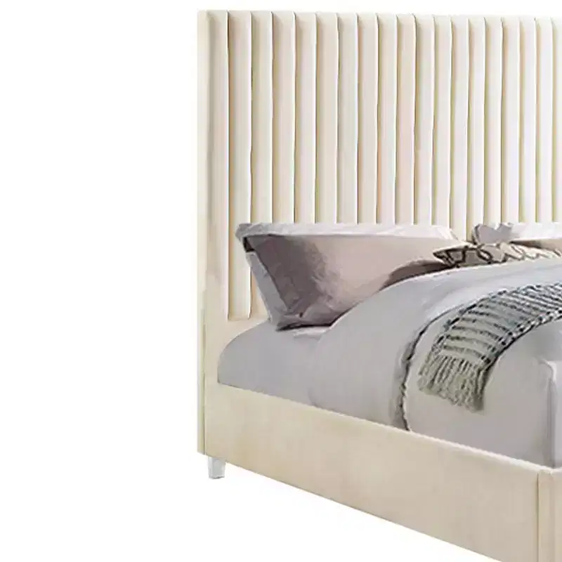 Acme Furniture 86 Queen Bed Edzia Bed Beige Velvet: Luxurious Upholstered Panel, Wood Frame, Acrylic Textile