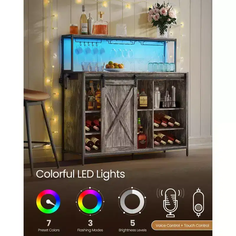 Honey Brown Coffee Bar Cabinet with LED Light, Sliding Barn Doors & Wine Storage, for 1