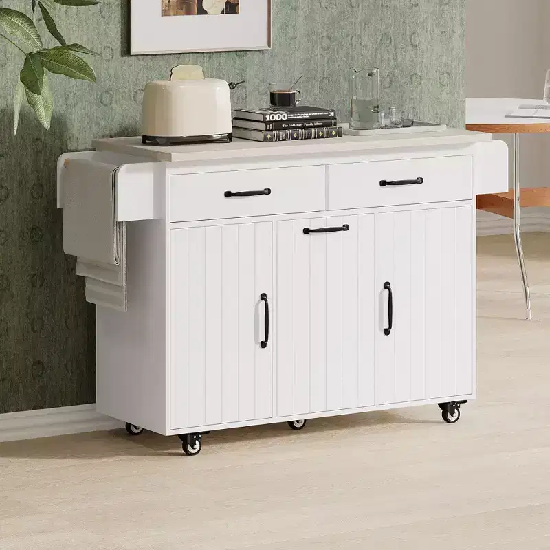 Pexfix Kitchen Island with Trash Can Storage Cabinet Kitchen Cart with Drop Leaf & Spice Rack & Towel Rack and Drawer with Adjustable Shelf White