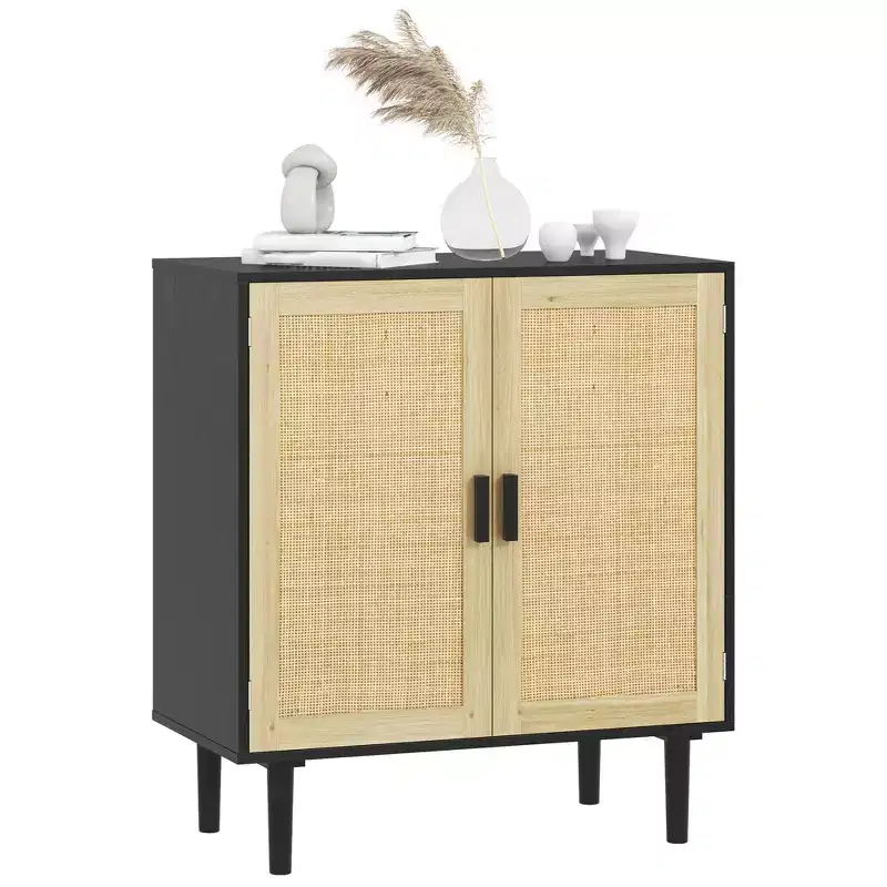 HOMCOM Bohemian Sideboard, Buffet Cabinet with Rattan Doors, Coffee Bar Cabinet with Shelves for Living Room, Hallway