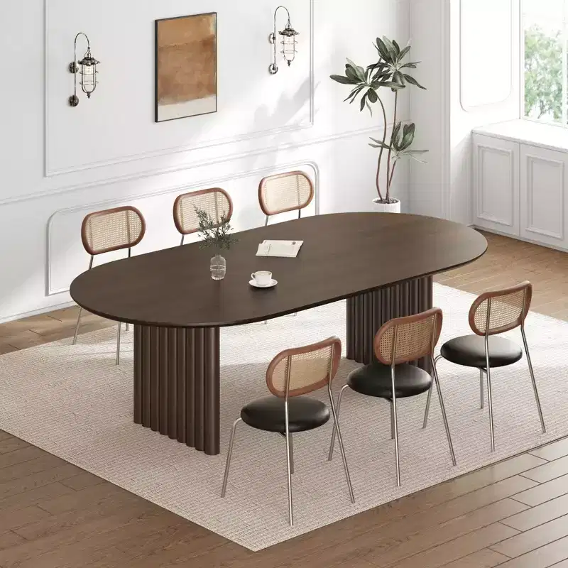 Oval Dining Table, Solid Wood with Scratch-Resistant Top & Striped Legs, Modern Farmhouse, Walnut