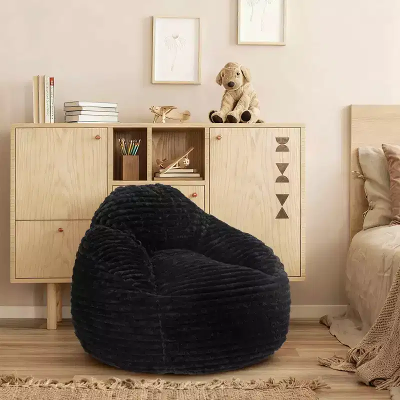 Foam Filled Bean Bag Chair, Soft Removable Cover, Single Seat — Black / Camel