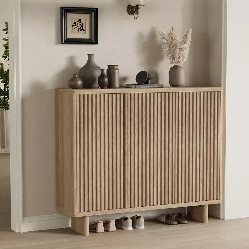 Shoe Cabinet with Fluted Door, 5-Tier Storage Cabinet, Rustic Entryway Bench for Hallway