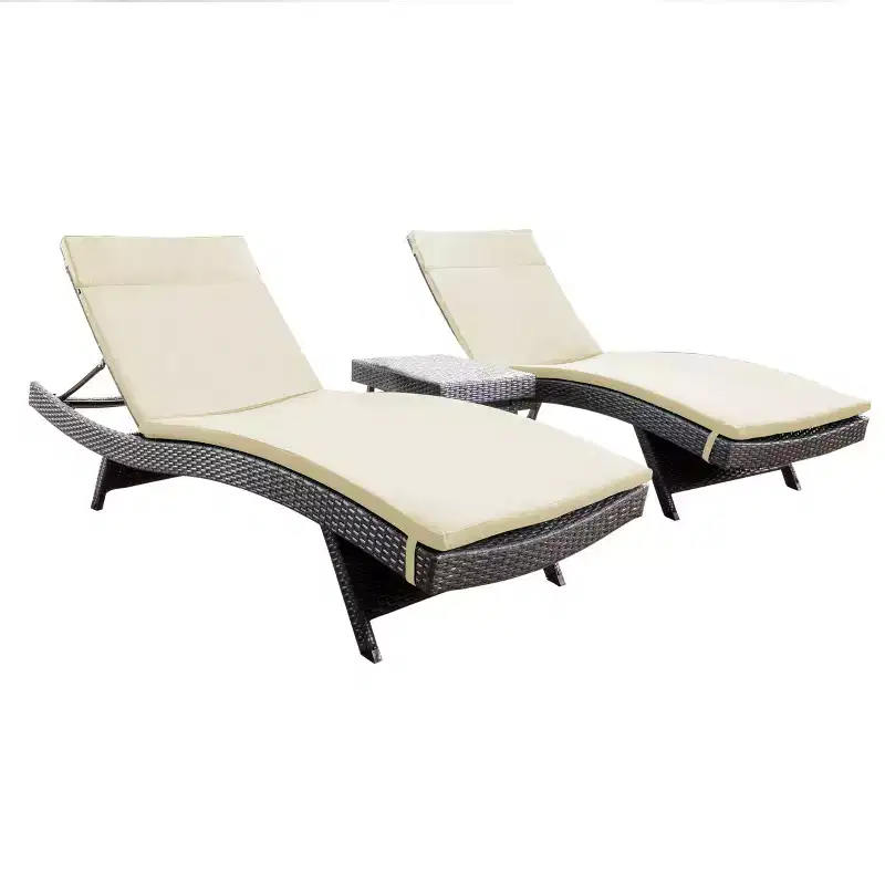 GDFStudio Olivia Outdoor Wicker 3 Piece Armless Folding Chaise Lounge Chat Set with Cushions